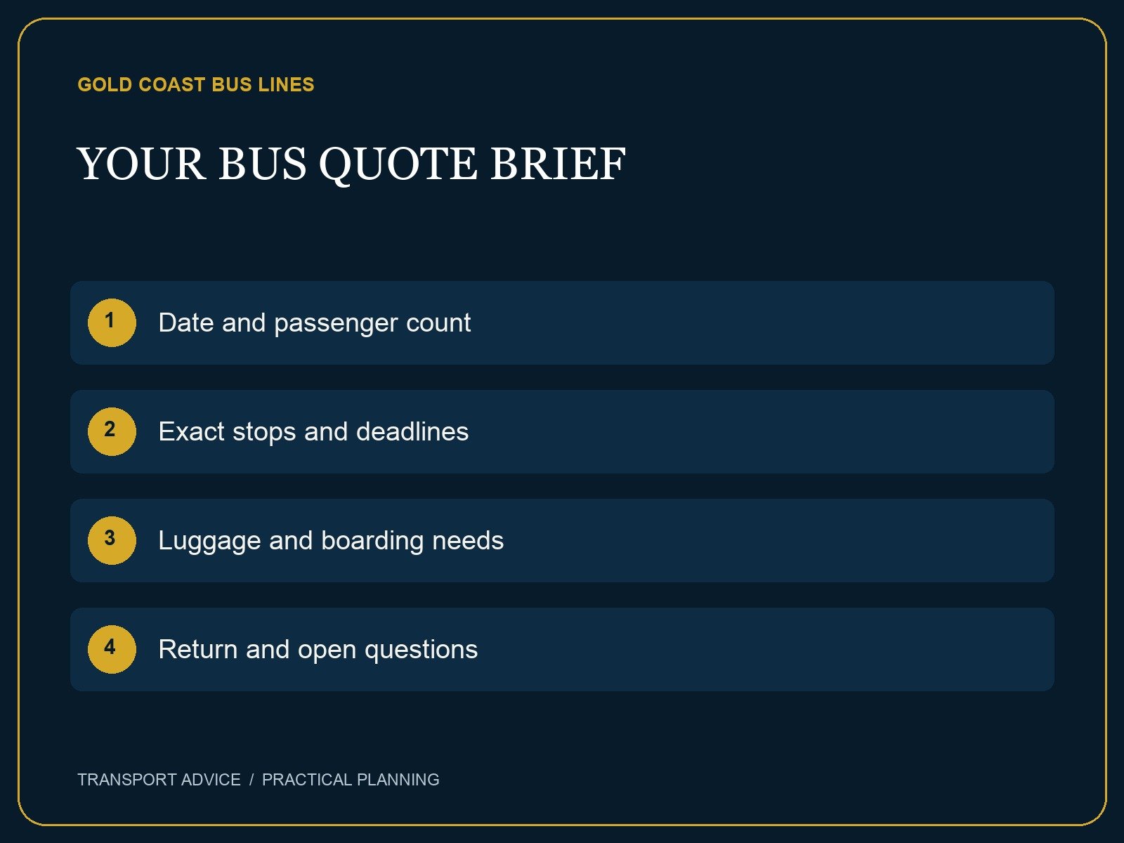 Planning checklist: Date and passenger count; Exact stops and deadlines; Luggage and boarding needs; Return and open questions