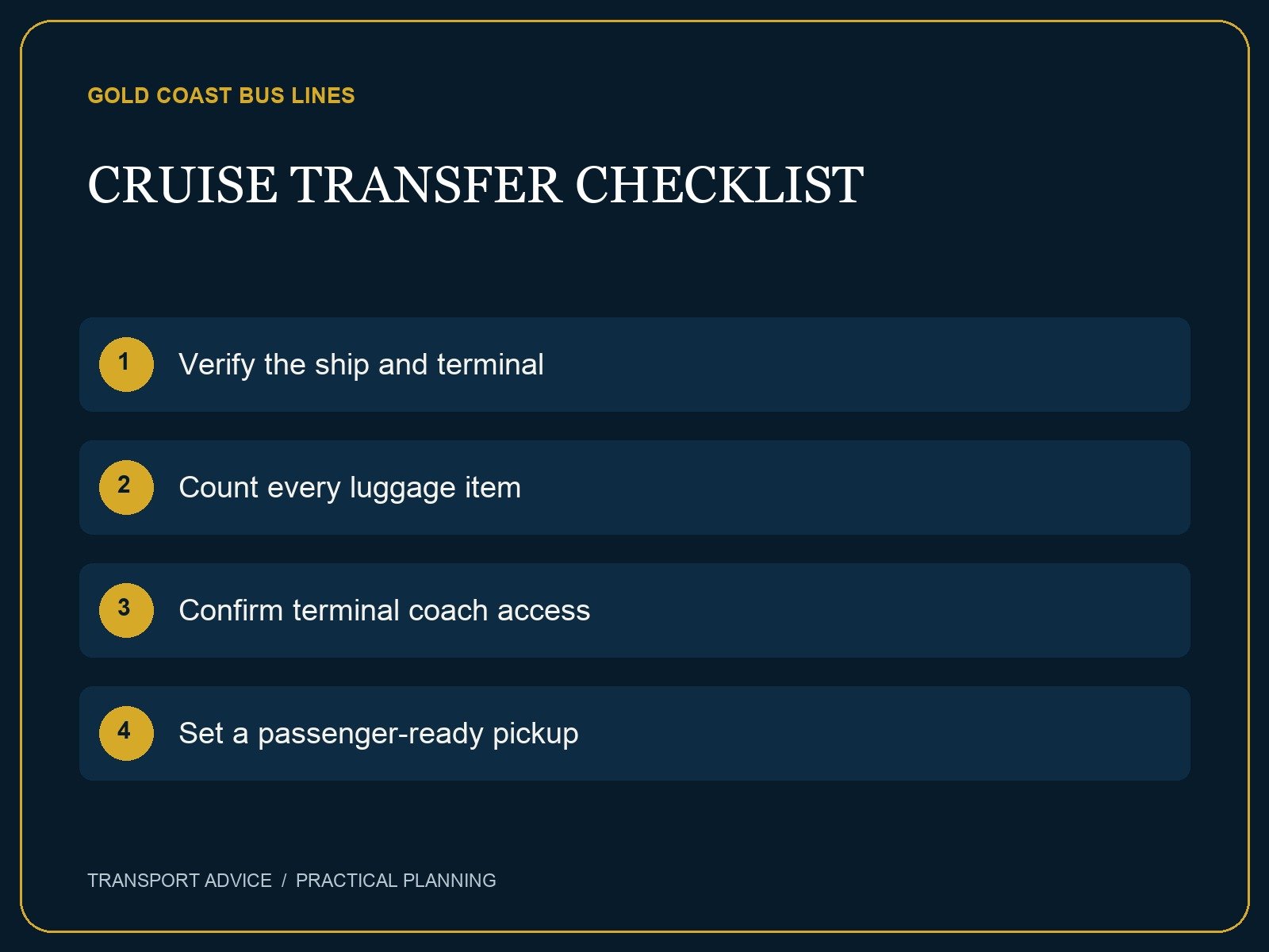 Planning checklist: Verify the ship and terminal; Count every luggage item; Confirm terminal coach access; Set a passenger-ready pickup