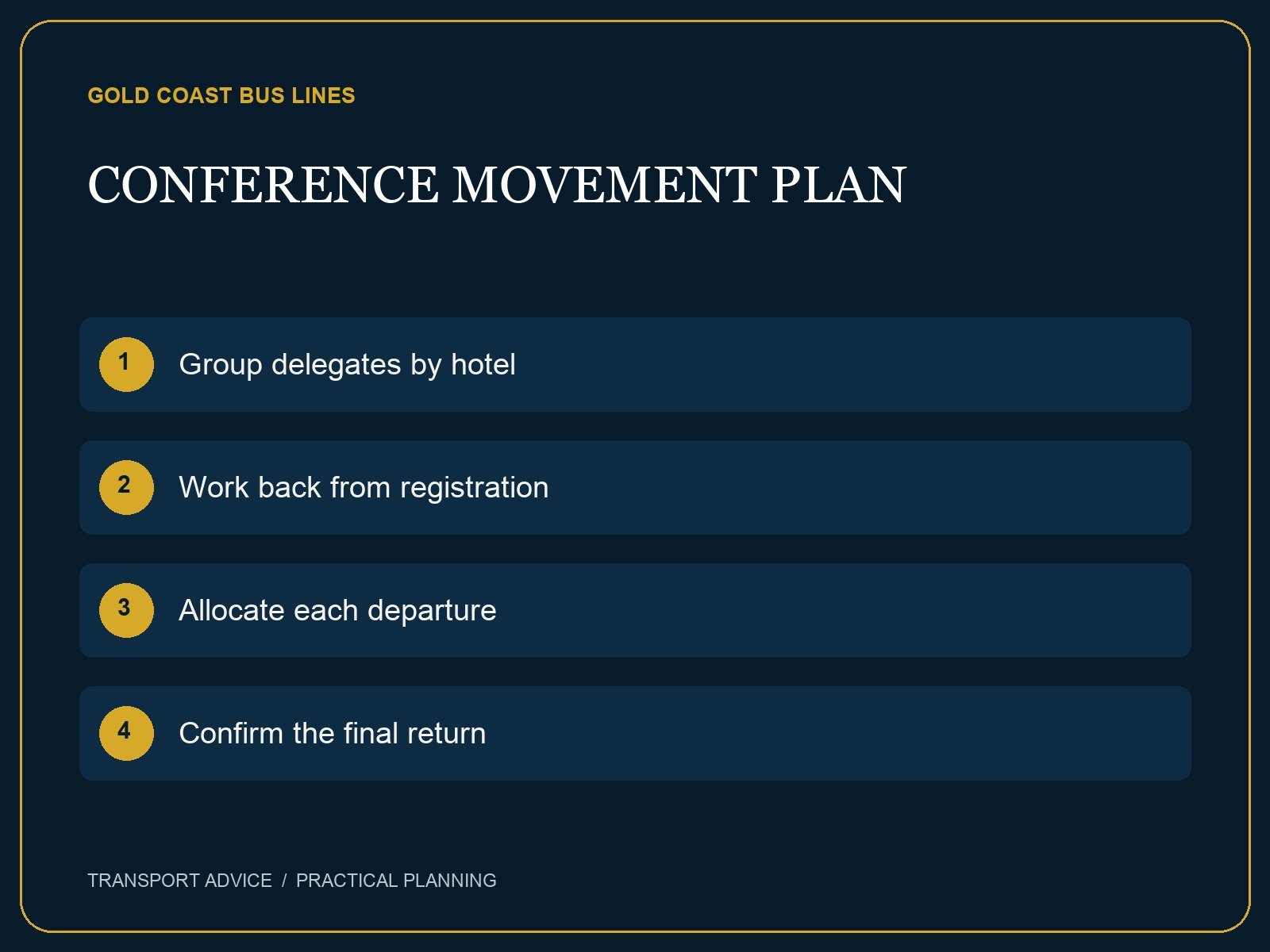 Planning checklist: Group delegates by hotel; Work back from registration; Allocate each departure; Confirm the final return
