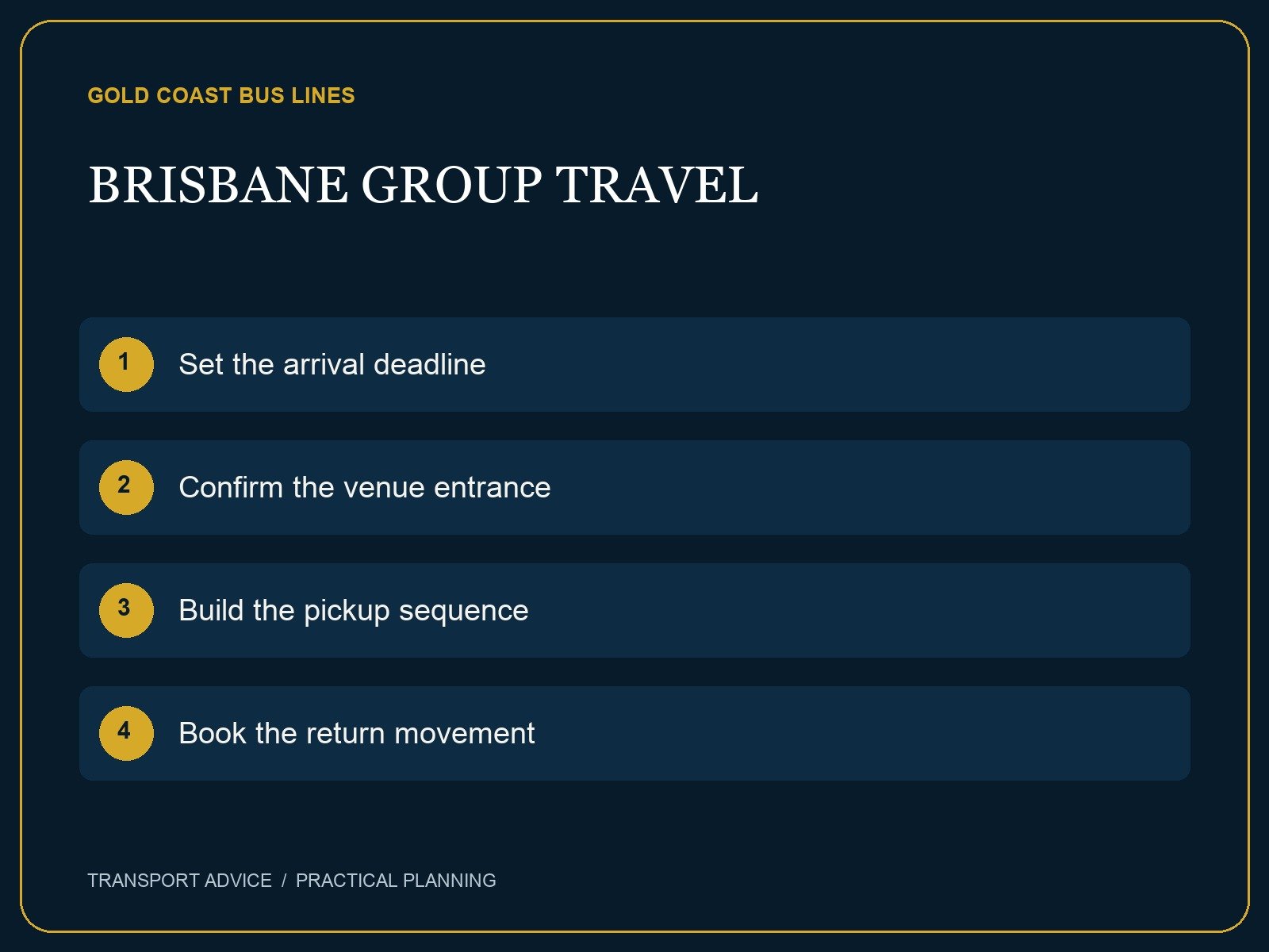 Planning checklist: Set the arrival deadline; Confirm the venue entrance; Build the pickup sequence; Book the return movement