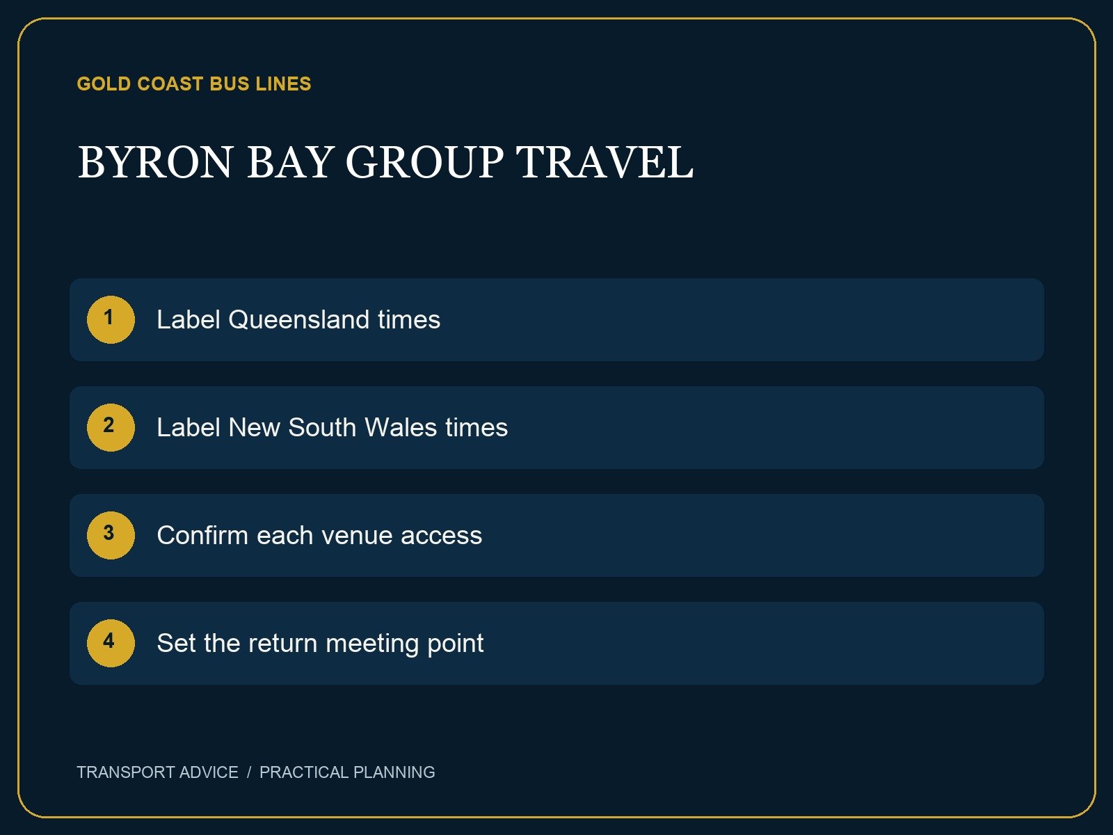 Planning checklist: Label Queensland times; Label New South Wales times; Confirm each venue access; Set the return meeting point